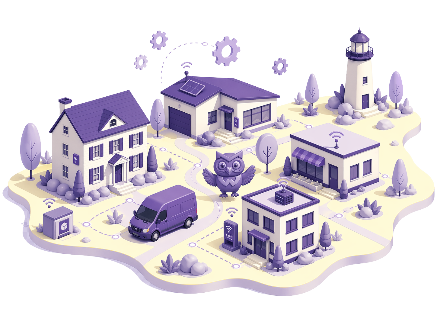 A stylized Long Island community of homes, small businesses, a service van, and Otto the Modwize mascot, connected by dashed paths to suggest automation flow