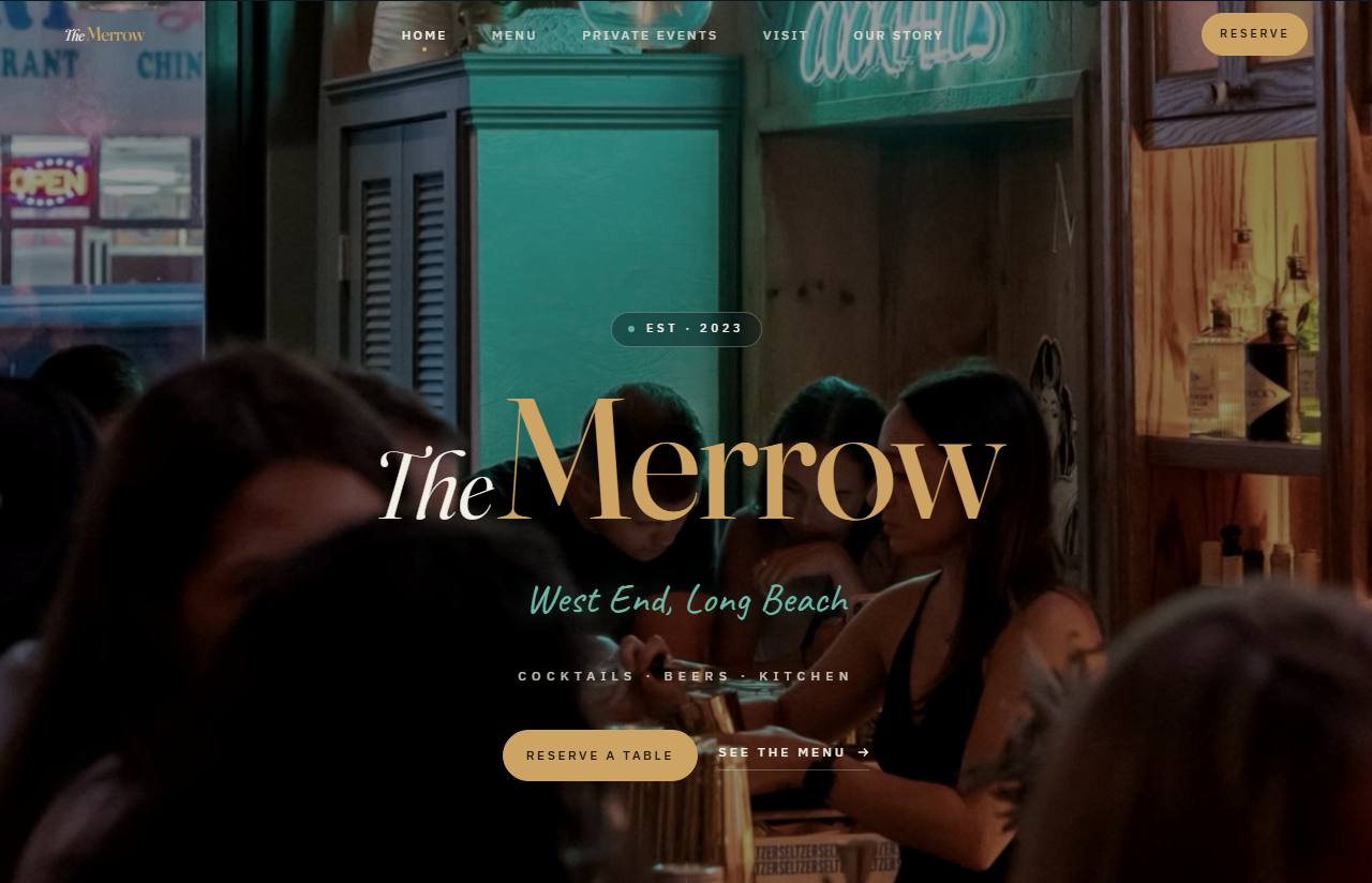The Merrow's live website: the bar's name and reserve buttons over a photo of a packed Friday night